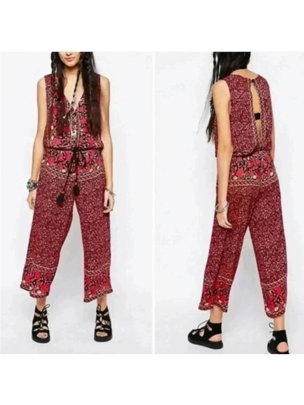 Free People Red Printed Sleeveless Boho Jumpsuit